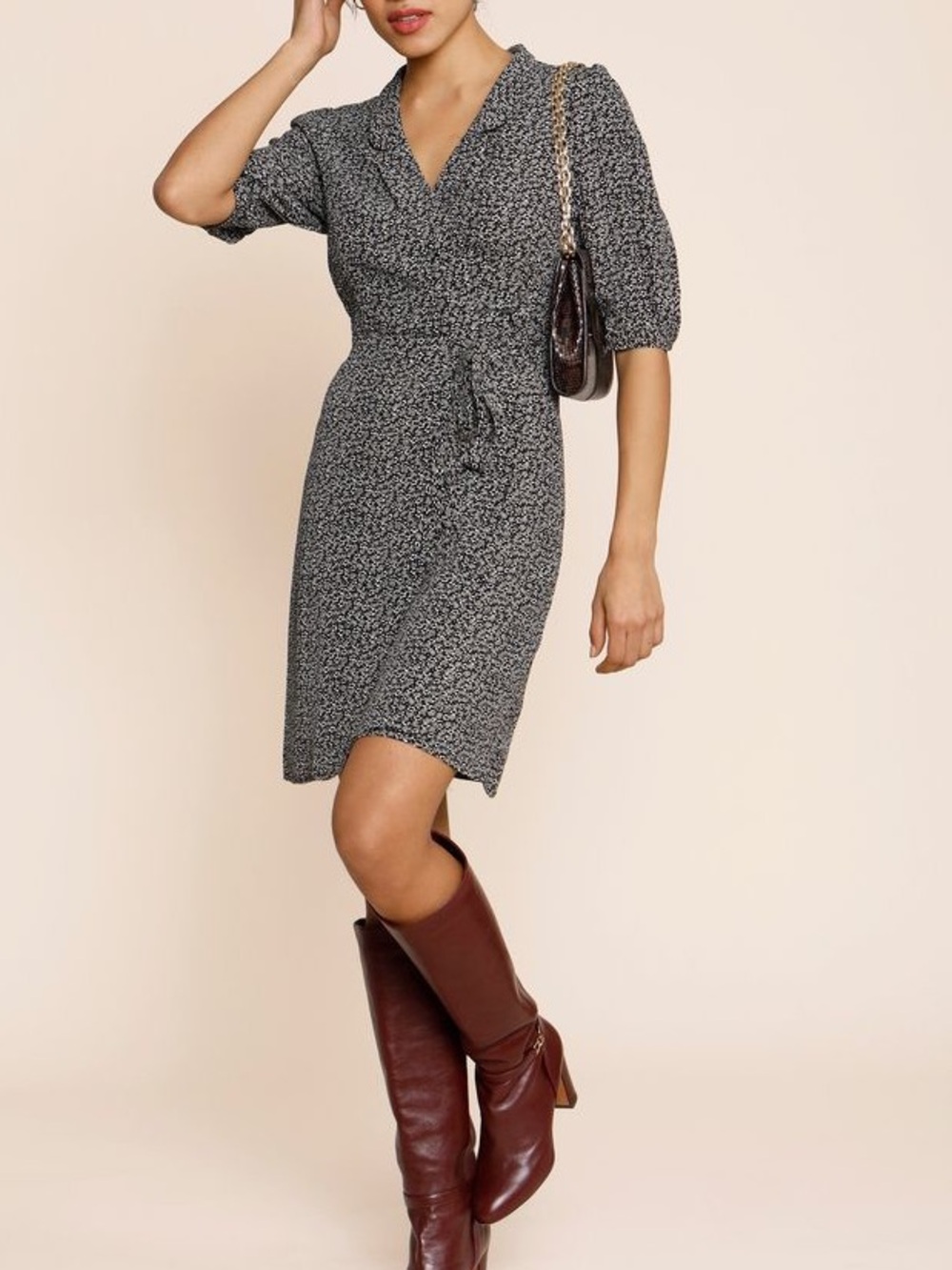 ROUJE Classic Black Gray & White Floral Printed Collared Louison Mini Wrap Dress